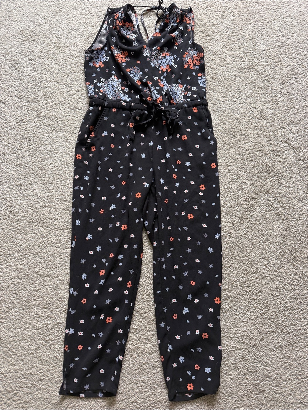 LOFT Black Floral Tie-Waist Jumpsuit with Blue and Coral Accents